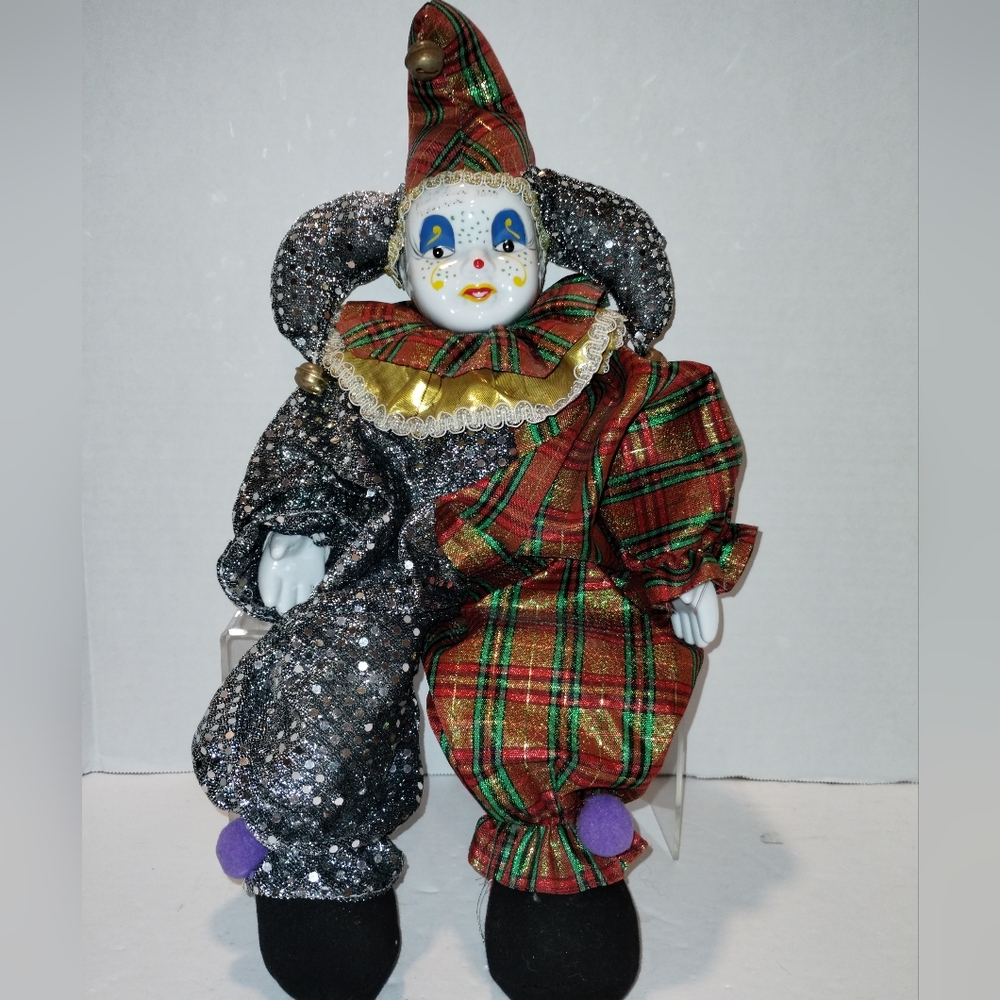 Gorgeous 21" Harlequin Mardi Gras Jester Clown Porcelain Silver Sequence & Plaid